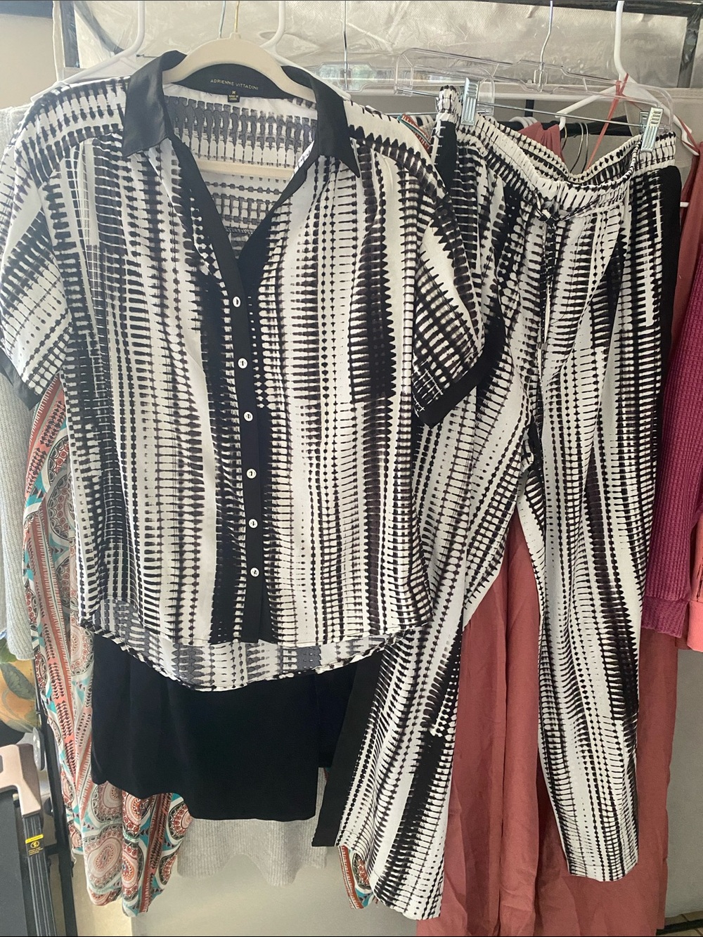 Black & White Patterned Short Sleeve Button-Front Top by Adrienne Vittadini